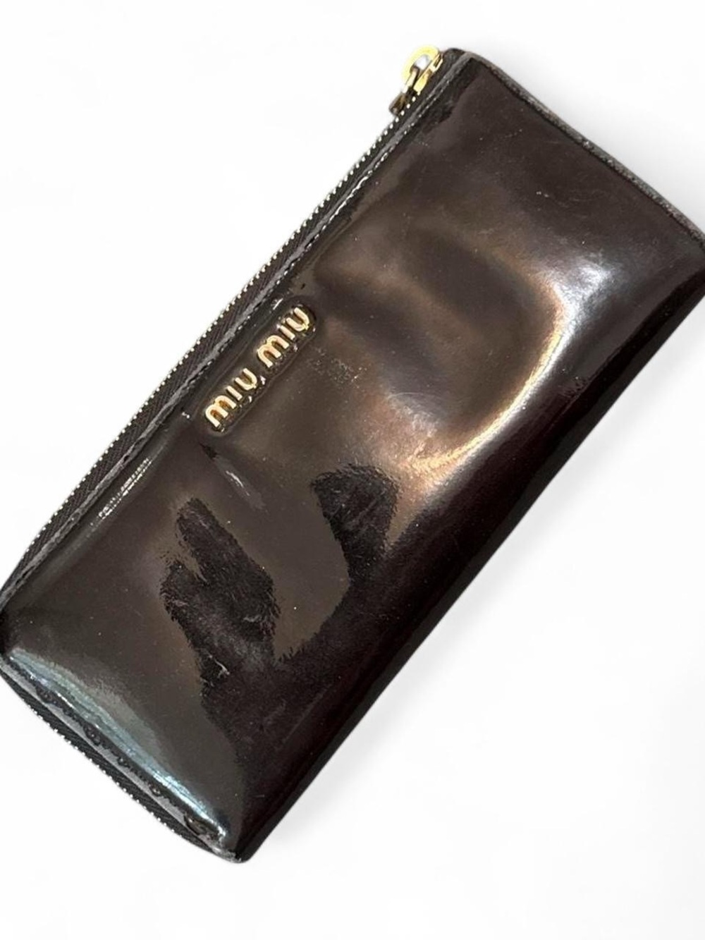 Vintage Y2K 2000s Miu Miu Black Patent Leather Wallet w/ Gold Hardware